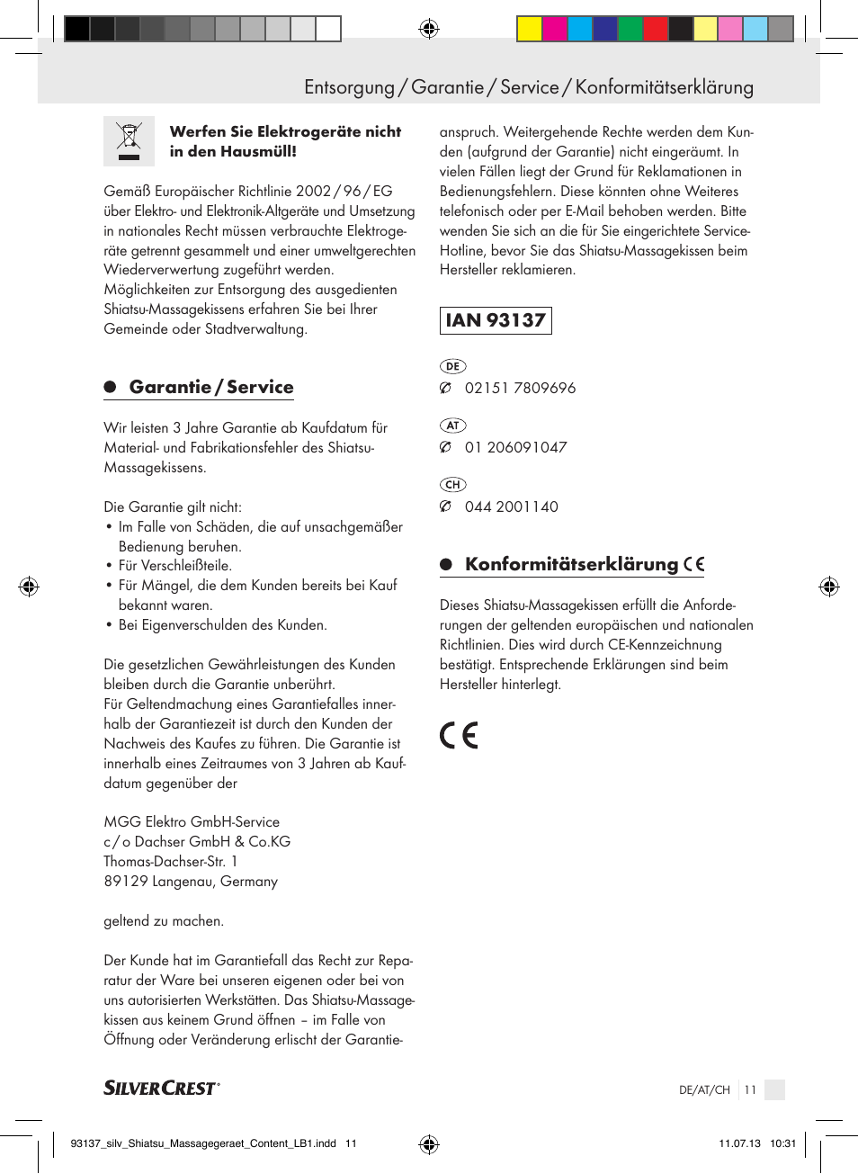 Garantie / service, Konformitätserklärung | Silvercrest SSM 141 C3 User Manual | Page 11 / 45