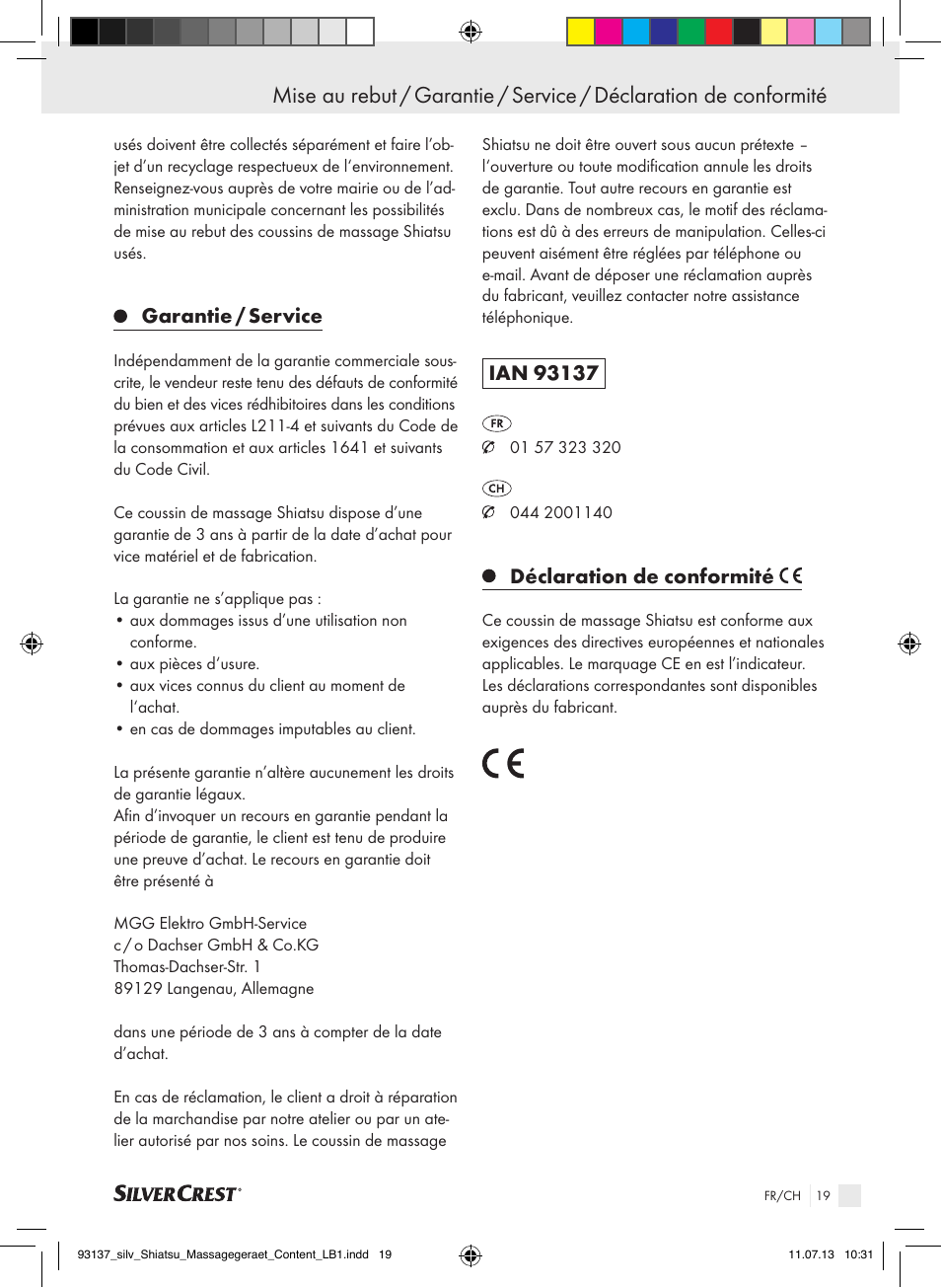 Garantie / service, Déclaration de conformité | Silvercrest SSM 141 C3 User Manual | Page 19 / 45