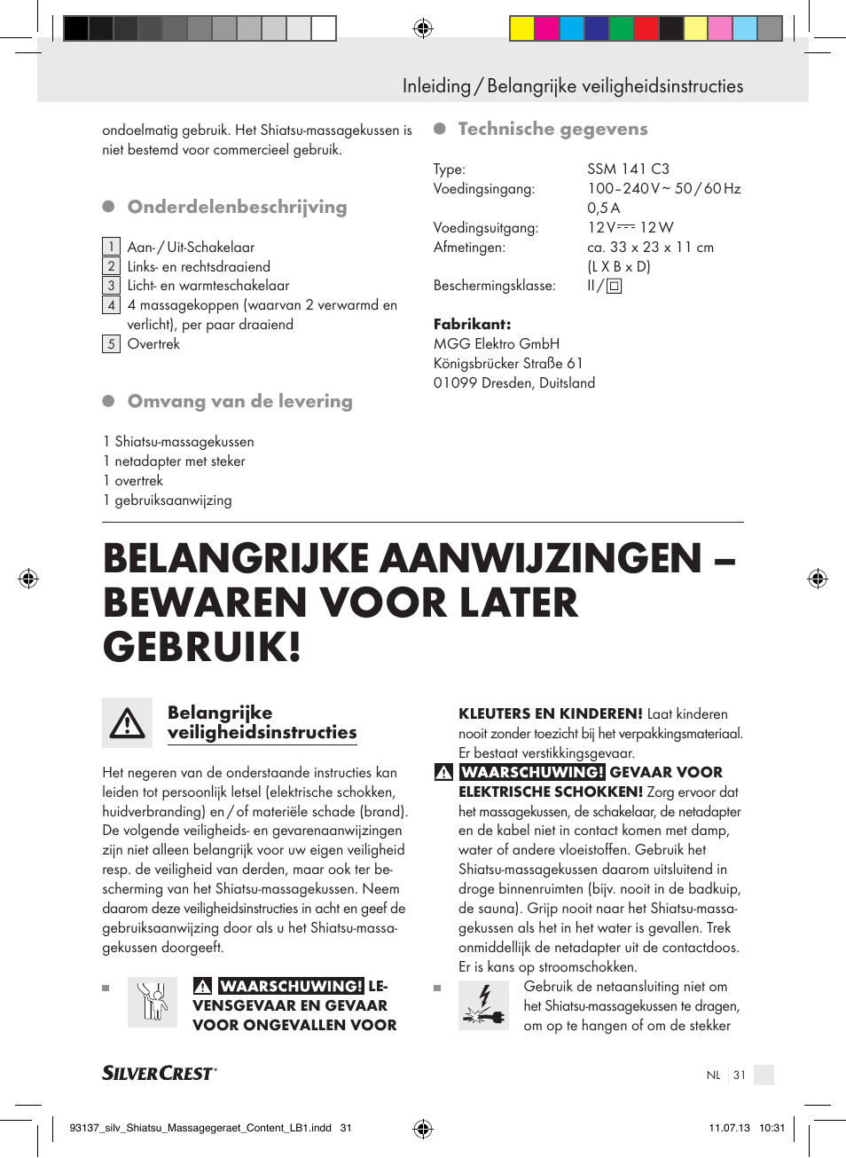 Inleiding / belangrijke veiligheidsinstructies | Silvercrest SSM 141 C3 User Manual | Page 31 / 45