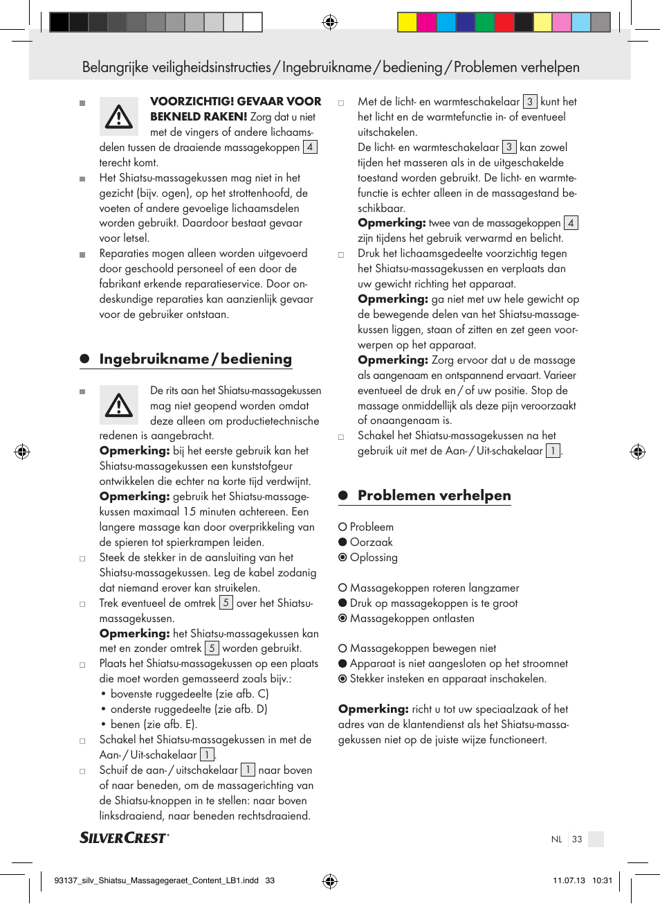 Ingebruikname / bediening, Problemen verhelpen | Silvercrest SSM 141 C3 User Manual | Page 33 / 45