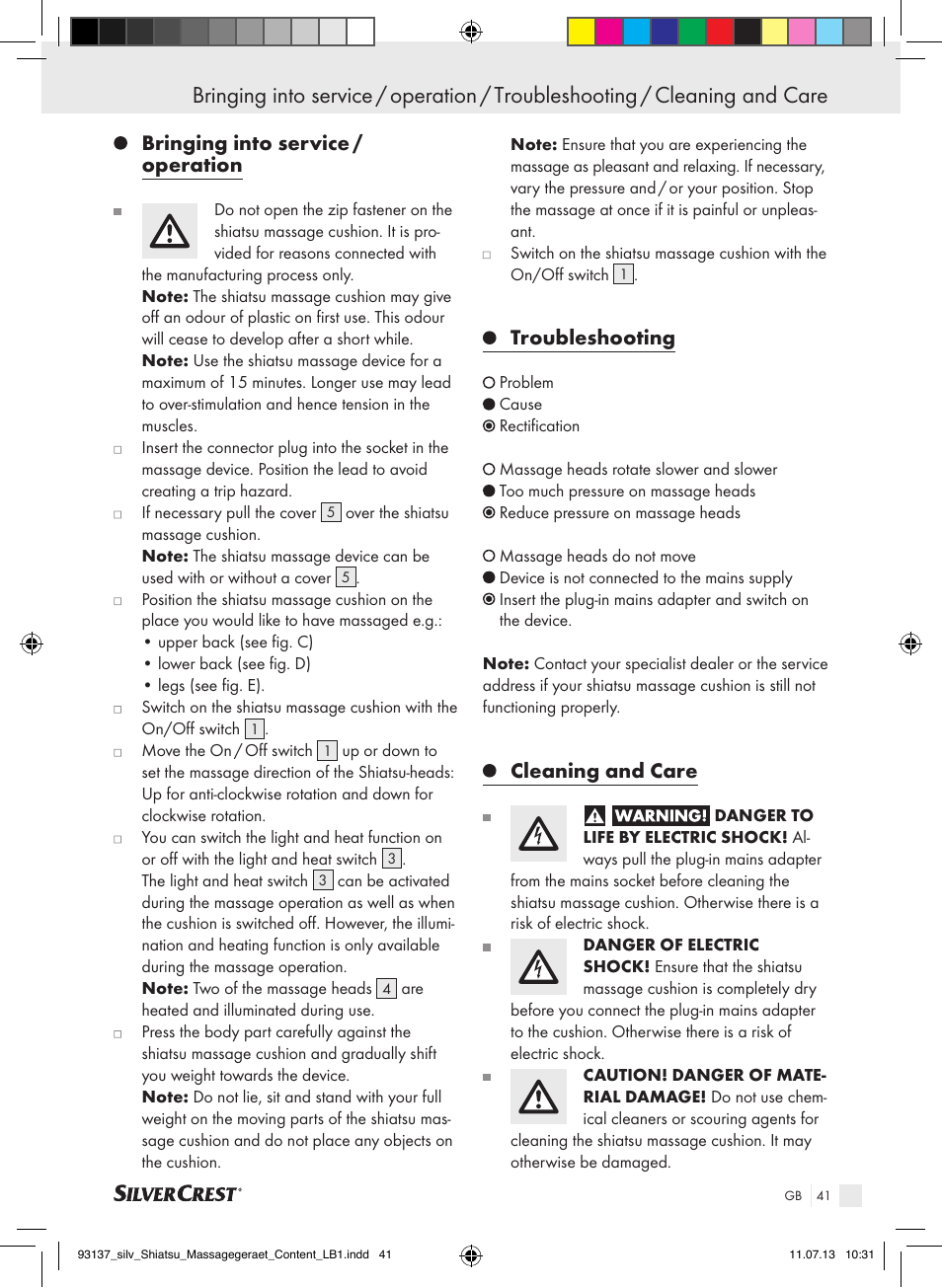 Bringing into service / operation, Troubleshooting, Cleaning and care | Silvercrest SSM 141 C3 User Manual | Page 41 / 45
