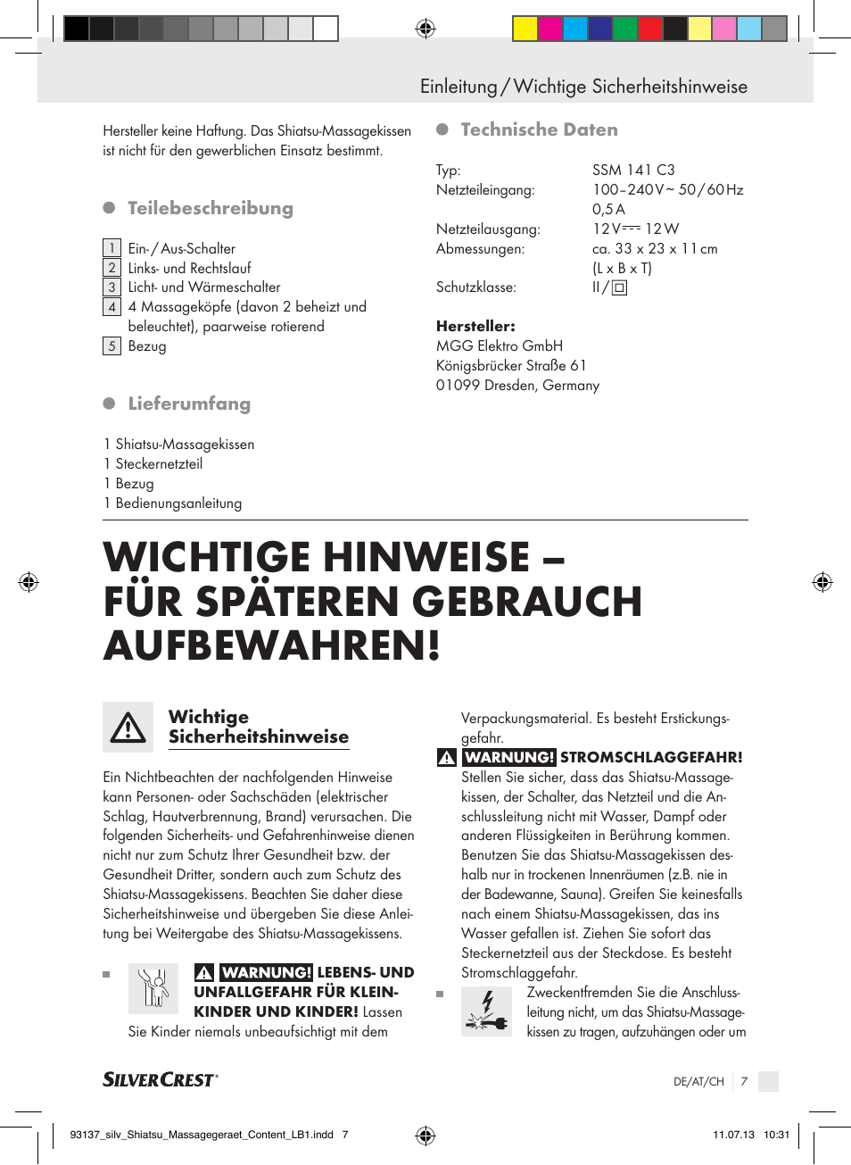 Einleitung / wichtige sicherheitshinweise | Silvercrest SSM 141 C3 User Manual | Page 7 / 45