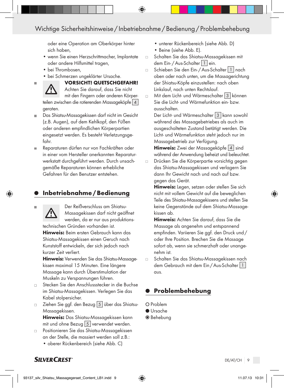 Inbetriebnahme / bedienung, Problembehebung | Silvercrest SSM 141 C3 User Manual | Page 9 / 45