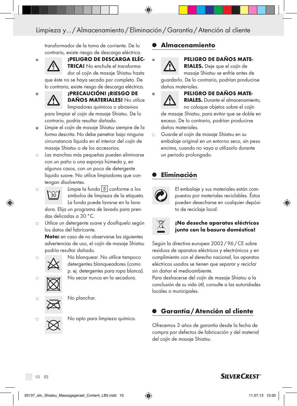 Almacenamiento, Eliminación, Garantía / atención al cliente | Silvercrest SSM 141 C3 User Manual | Page 10 / 45