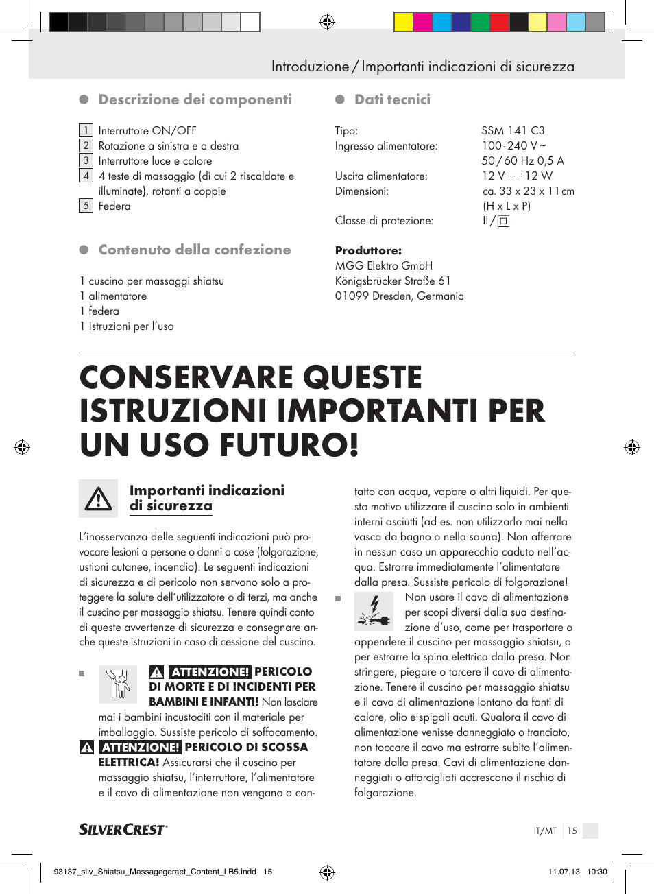 Introduzione / importanti indicazioni di sicurezza | Silvercrest SSM 141 C3 User Manual | Page 15 / 45