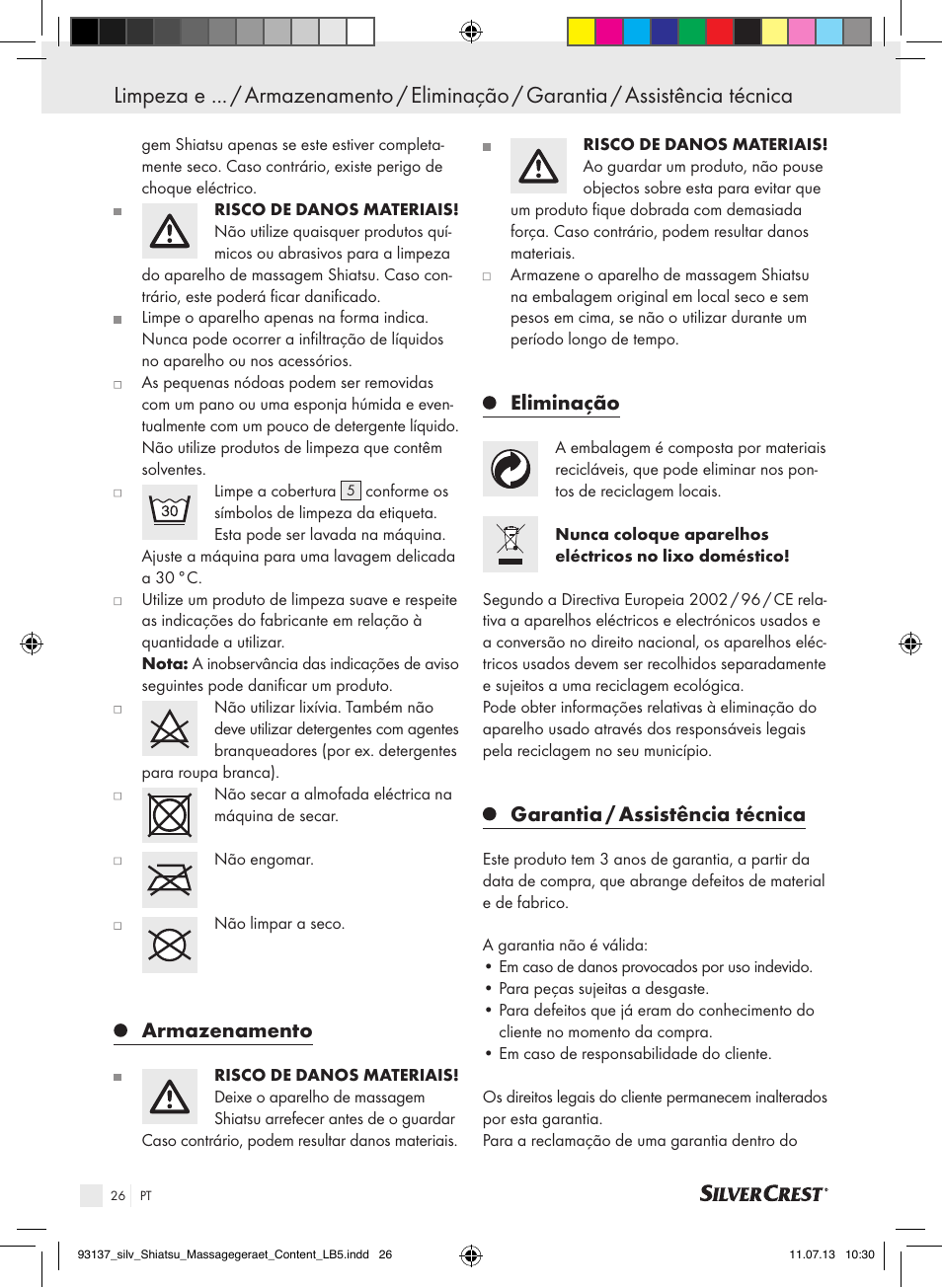 Armazenamento, Eliminação, Garantia / assistência técnica | Silvercrest SSM 141 C3 User Manual | Page 26 / 45