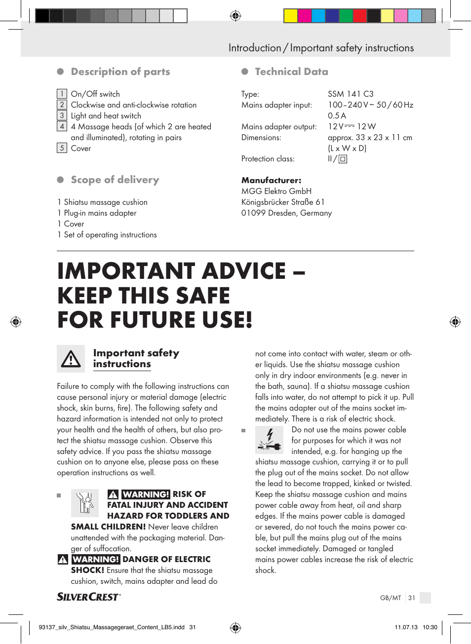 Important advice – keep this safe for future use, Introduction / important safety instructions | Silvercrest SSM 141 C3 User Manual | Page 31 / 45