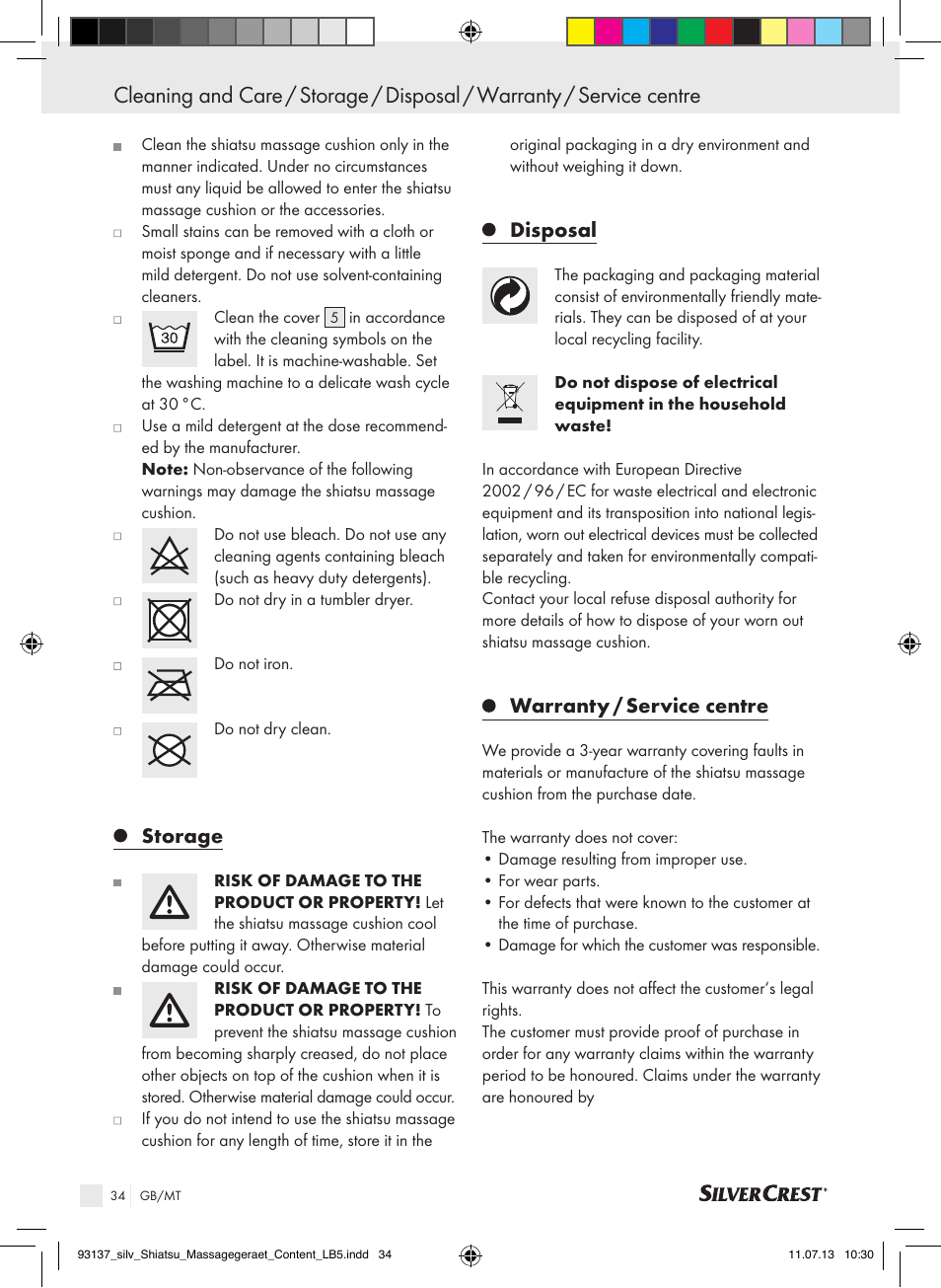 Storage, Disposal, Warranty / service centre | Silvercrest SSM 141 C3 User Manual | Page 34 / 45