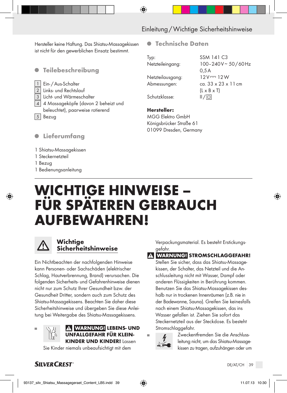 Einleitung / wichtige sicherheitshinweise | Silvercrest SSM 141 C3 User Manual | Page 39 / 45