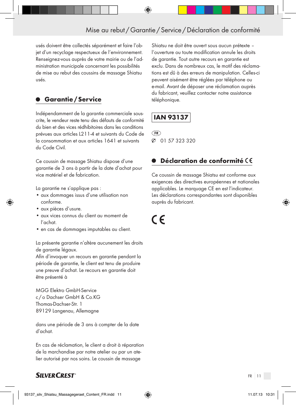 Garantie / service, Déclaration de conformité | Silvercrest SSM 141 C3 User Manual | Page 11 / 29