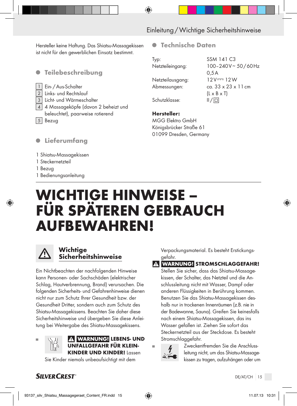 Einleitung / wichtige sicherheitshinweise | Silvercrest SSM 141 C3 User Manual | Page 15 / 29