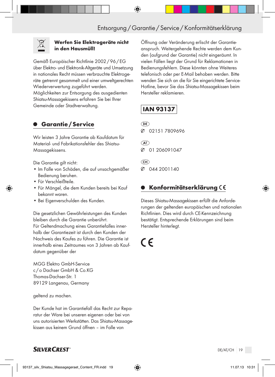 Garantie / service, Konformitätserklärung | Silvercrest SSM 141 C3 User Manual | Page 19 / 29
