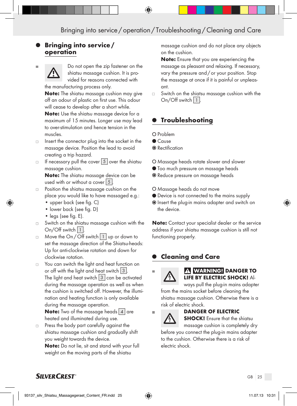 Bringing into service / operation, Troubleshooting, Cleaning and care | Silvercrest SSM 141 C3 User Manual | Page 25 / 29