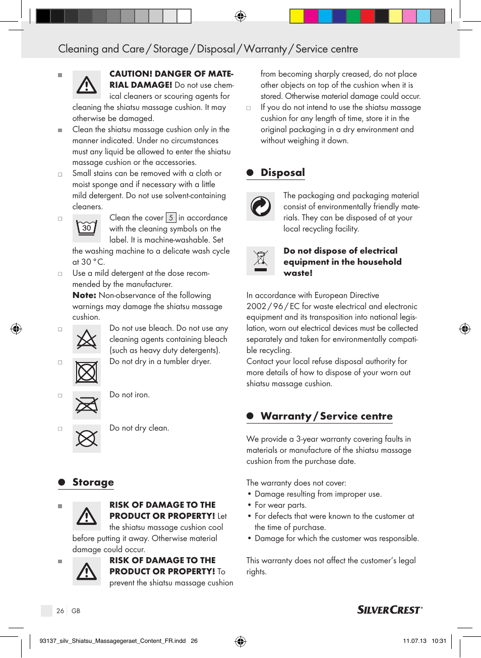 Storage, Disposal, Warranty / service centre | Silvercrest SSM 141 C3 User Manual | Page 26 / 29
