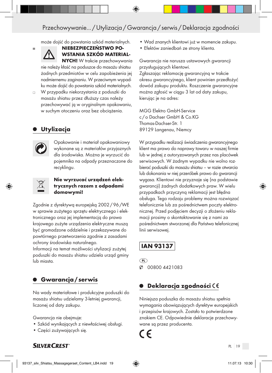 Utylizacja, Gwarancja / serwis, Deklaracja zgodności | Silvercrest SSM 141 C3 User Manual | Page 19 / 61