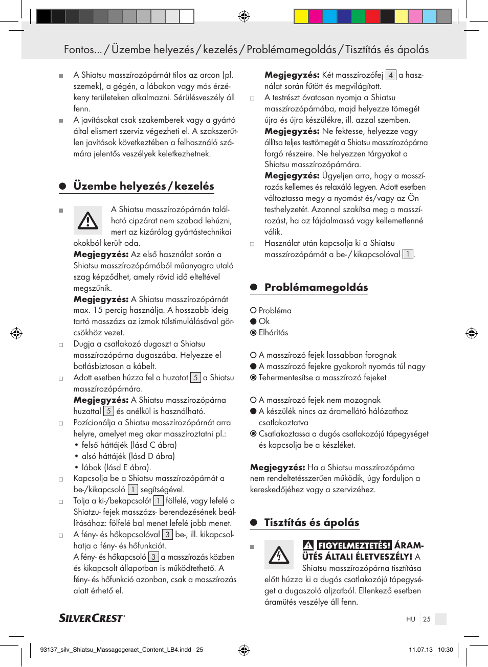 Üzembe helyezés / kezelés, Problémamegoldás, Tisztítás és ápolás | Silvercrest SSM 141 C3 User Manual | Page 25 / 61
