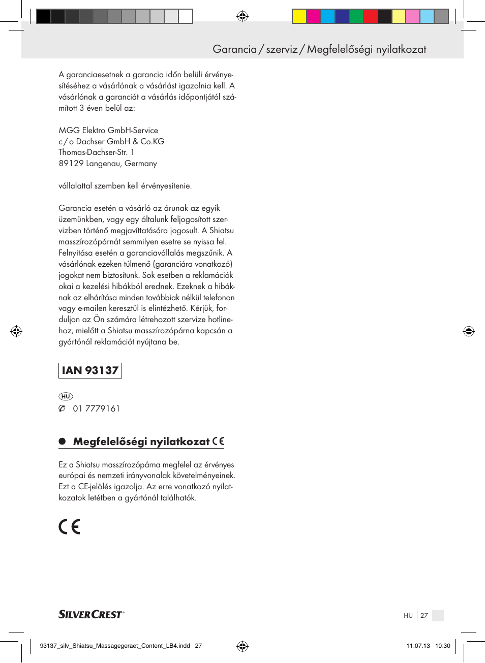 Garancia / szerviz / megfelelőségi nyilatkozat, Megfelelőségi nyilatkozat | Silvercrest SSM 141 C3 User Manual | Page 27 / 61