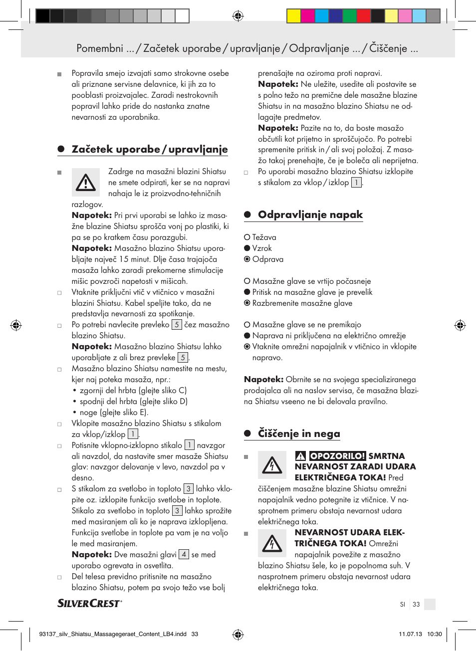 Začetek uporabe / upravljanje, Odpravljanje napak, Čiščenje in nega | Silvercrest SSM 141 C3 User Manual | Page 33 / 61