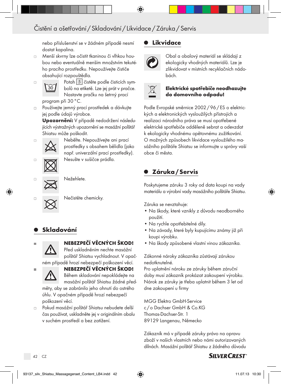 Skladování, Likvidace, Záruka / servis | Silvercrest SSM 141 C3 User Manual | Page 42 / 61