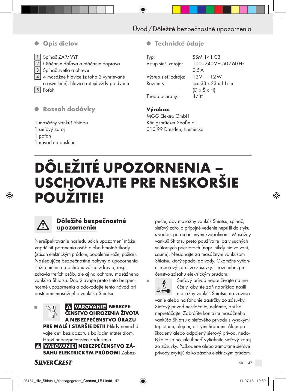 Úvod / dôležité bezpečnostné upozornenia | Silvercrest SSM 141 C3 User Manual | Page 47 / 61