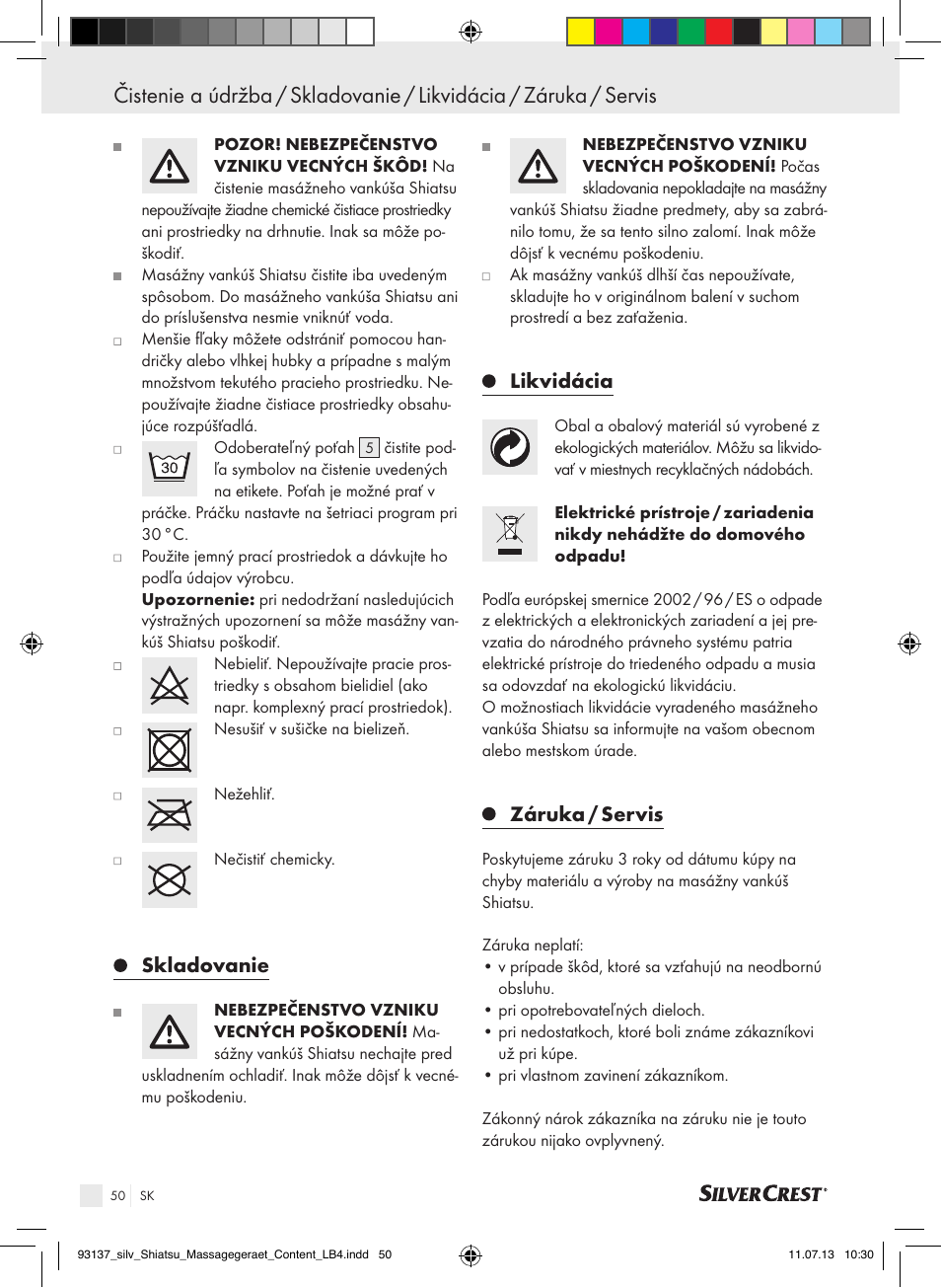 Skladovanie, Likvidácia, Záruka / servis | Silvercrest SSM 141 C3 User Manual | Page 50 / 61
