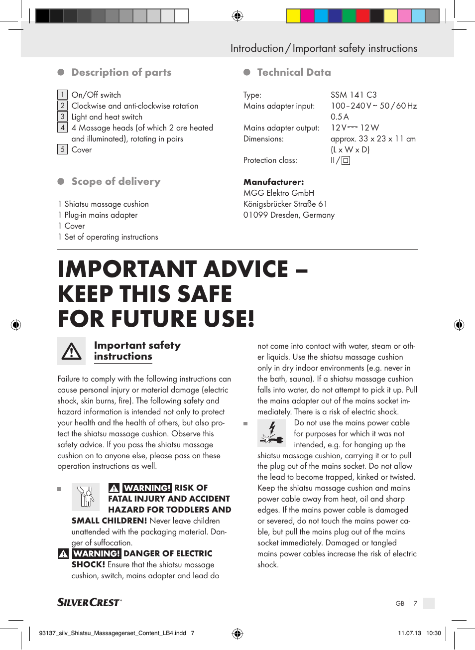 Important advice – keep this safe for future use, Introduction / important safety instructions | Silvercrest SSM 141 C3 User Manual | Page 7 / 61