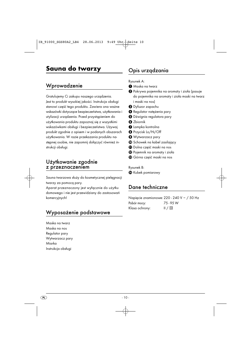 Sauna do twarzy, Wprowadzenie, Użytkowanie zgodnie z przeznaczeniem | Wyposażenie podstawowe, Opis urządzania, Dane techniczne | Silvercrest SGS 80 A2 User Manual | Page 13 / 60