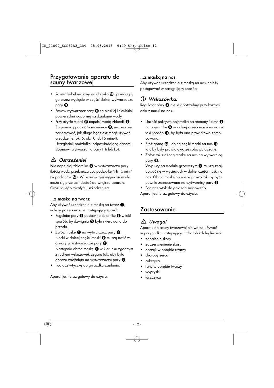 Przygotowanie aparatu do sauny twarzowej, Zastosowanie | Silvercrest SGS 80 A2 User Manual | Page 15 / 60