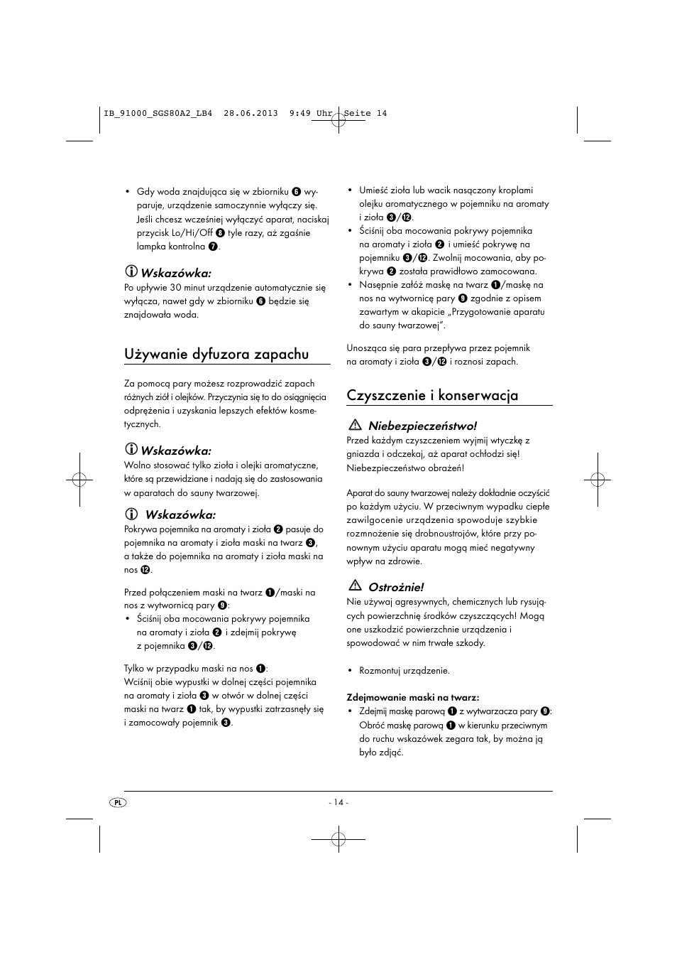 Używanie dyfuzora zapachu, Czyszczenie i konserwacja, Wskazówka | Niebezpieczeństwo, Ostrożnie | Silvercrest SGS 80 A2 User Manual | Page 17 / 60