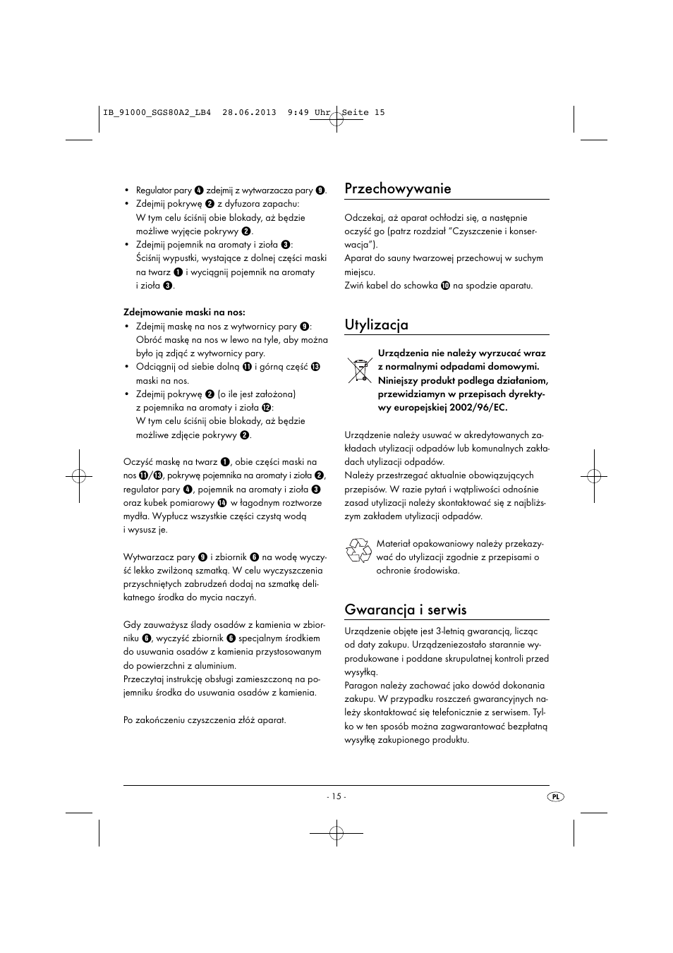 Przechowywanie, Utylizacja, Gwarancja i serwis | Silvercrest SGS 80 A2 User Manual | Page 18 / 60