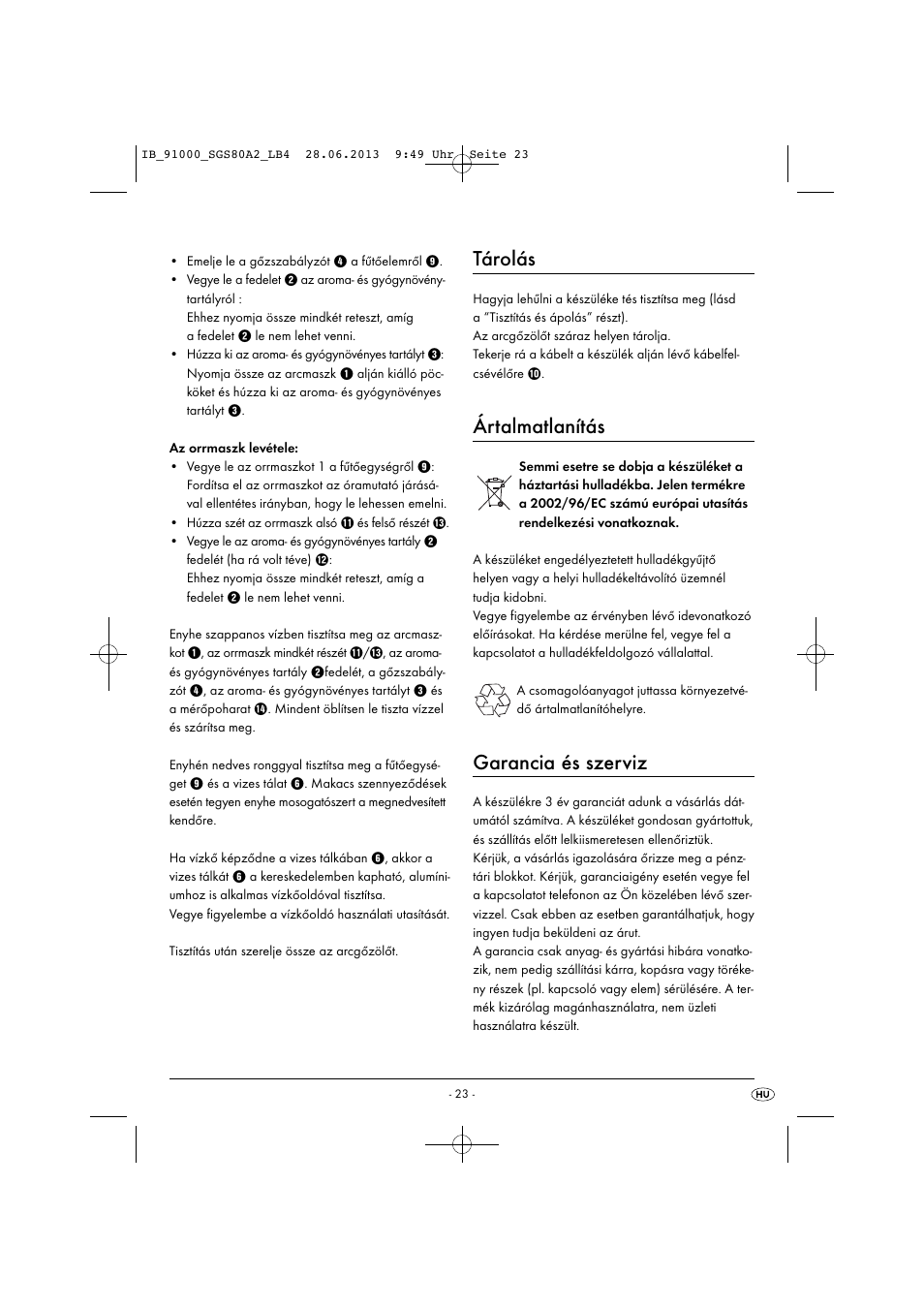 Tárolás, Ártalmatlanítás, Garancia és szerviz | Silvercrest SGS 80 A2 User Manual | Page 26 / 60