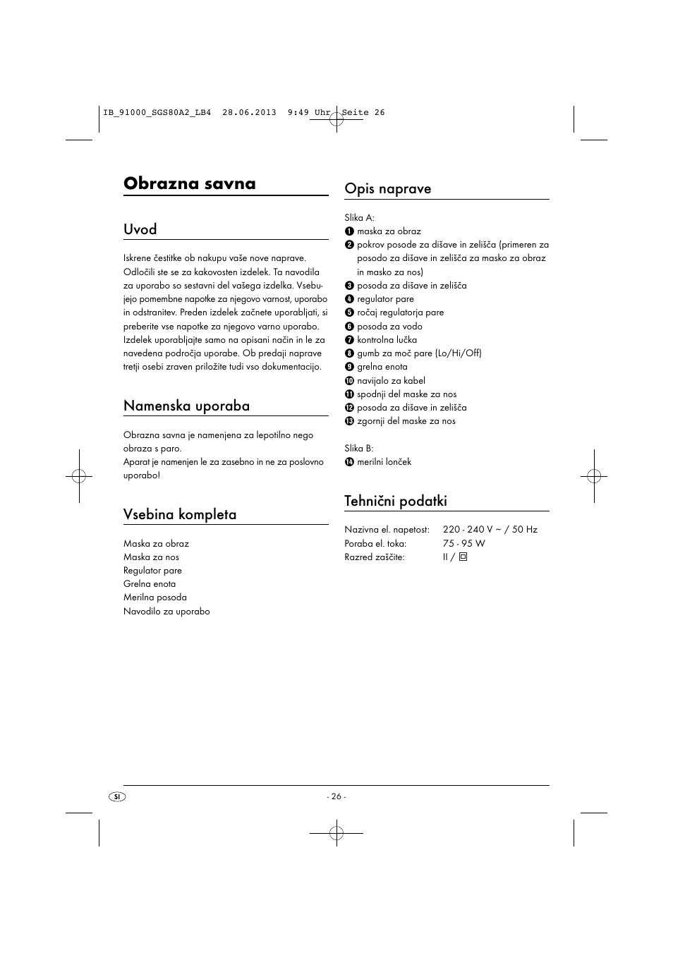 Obrazna savna, Uvod, Namenska uporaba | Vsebina kompleta, Opis naprave, Tehnični podatki | Silvercrest SGS 80 A2 User Manual | Page 29 / 60
