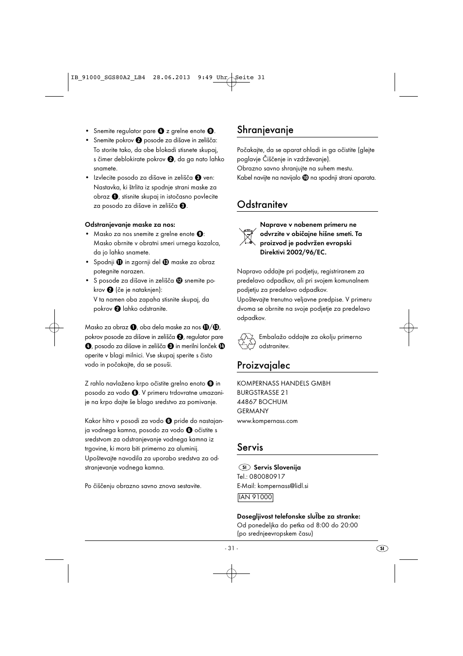 Shranjevanje, Odstranitev, Proizvajalec | Servis | Silvercrest SGS 80 A2 User Manual | Page 34 / 60