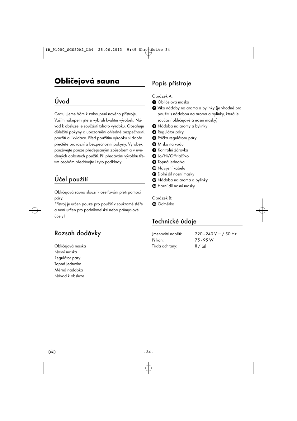 Obličejová sauna, Úvod, Účel použití | Rozsah dodávky, Popis přístroje, Technické údaje | Silvercrest SGS 80 A2 User Manual | Page 37 / 60