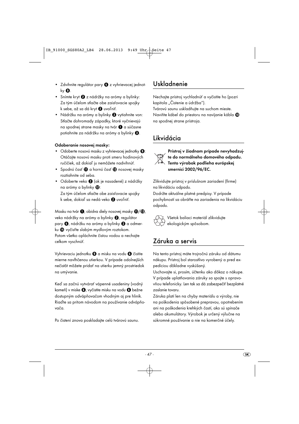 Uskladnenie, Likvidácia, Záruka a servis | Silvercrest SGS 80 A2 User Manual | Page 50 / 60