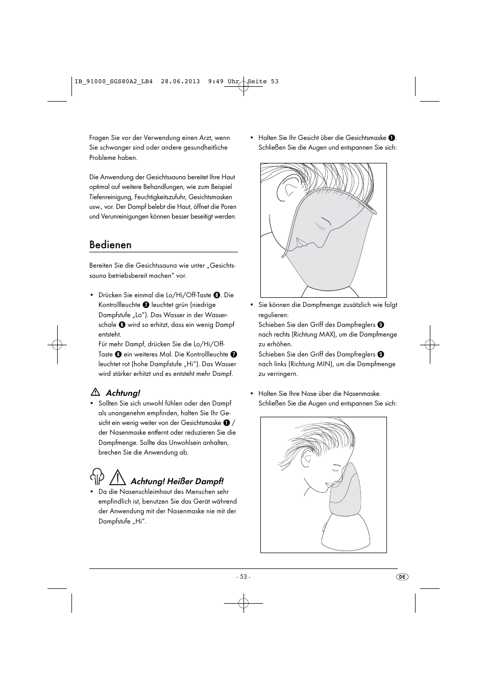 Bedienen, Achtung, Achtung! heißer dampf | Silvercrest SGS 80 A2 User Manual | Page 56 / 60