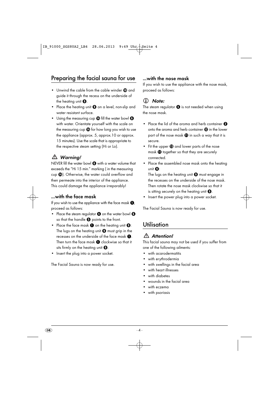 Preparing the facial sauna for use, Utilisation, Warning | With the face mask, With the nose mask, Attention | Silvercrest SGS 80 A2 User Manual | Page 7 / 60