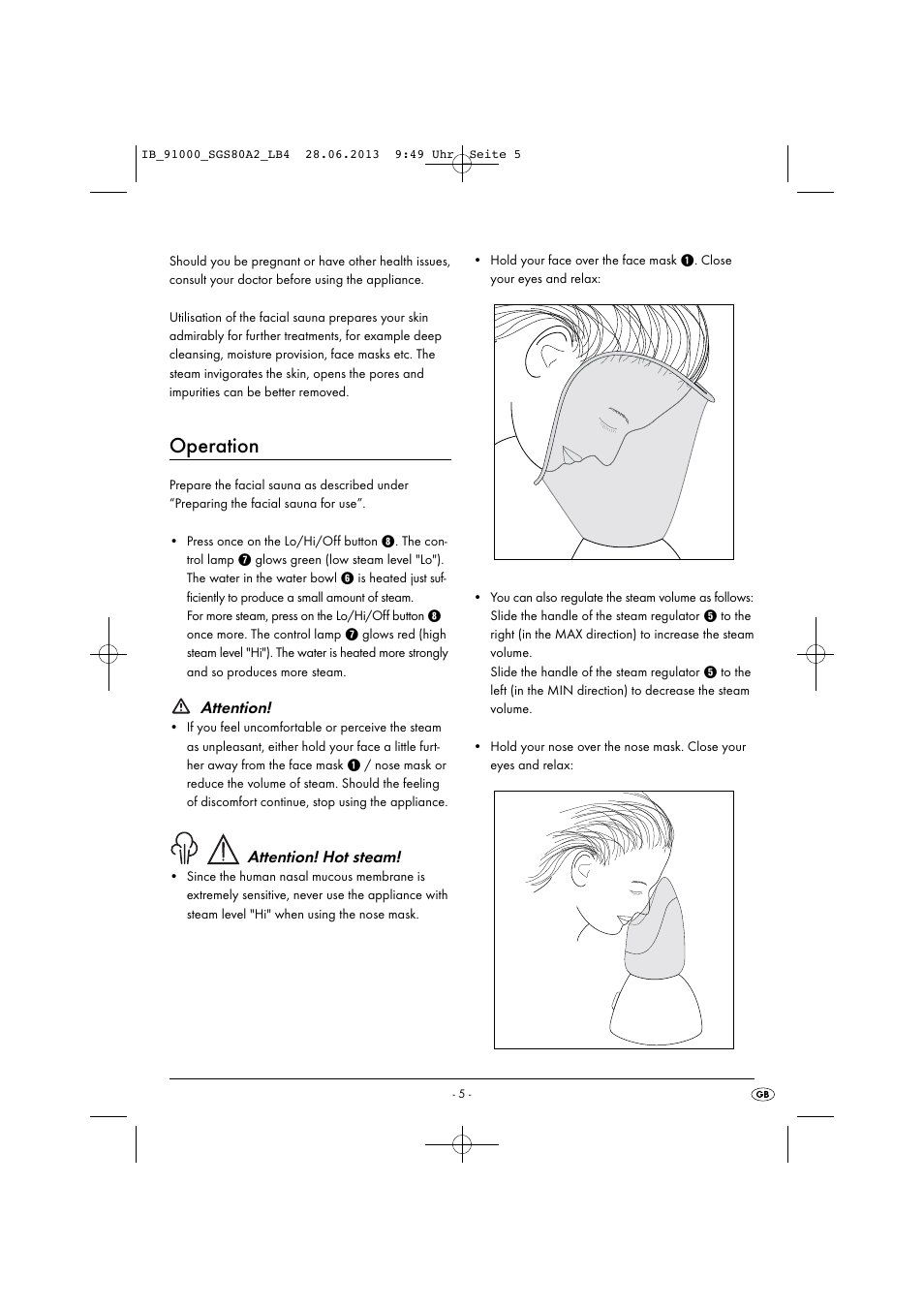 Operation, Attention, Attention! hot steam | Silvercrest SGS 80 A2 User Manual | Page 8 / 60