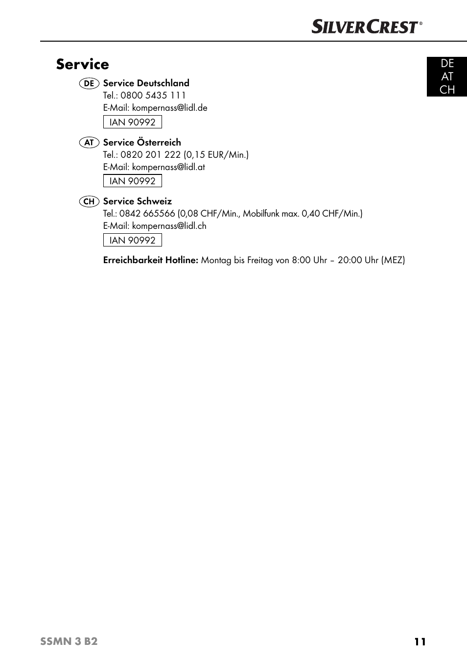 Service, De at ch | Silvercrest SSMN 3 B2 User Manual | Page 14 / 56