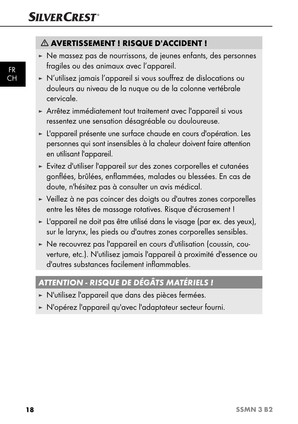 Avertissement ! risque d'accident, N'utilisez l'appareil que dans des pièces fermées | Silvercrest SSMN 3 B2 User Manual | Page 21 / 56