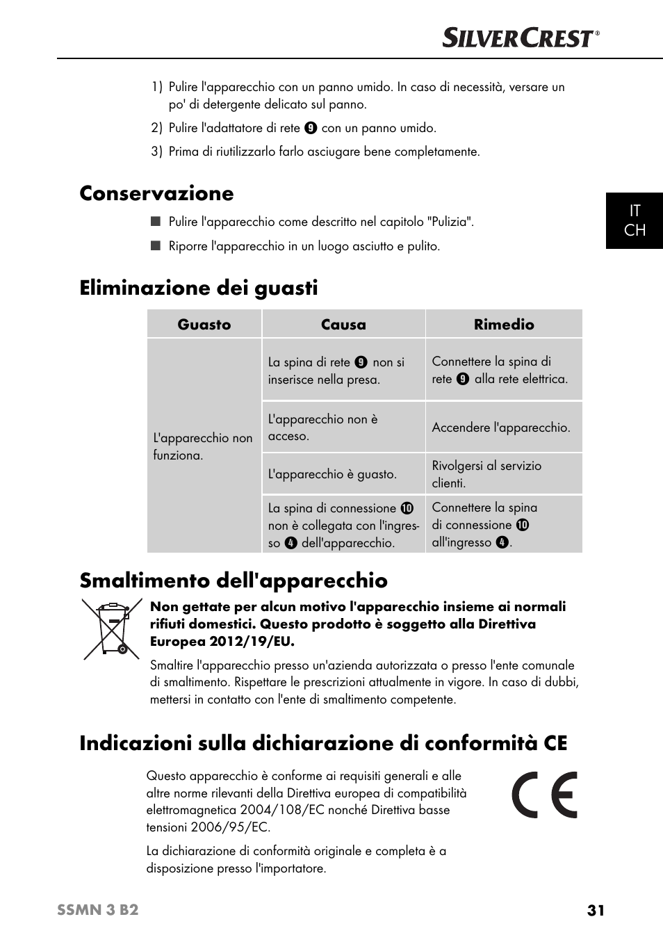 Conservazione, Eliminazione dei guasti, Smaltimento dell'apparecchio | Indicazioni sulla dichiarazione di conformità ce, It ch | Silvercrest SSMN 3 B2 User Manual | Page 34 / 56