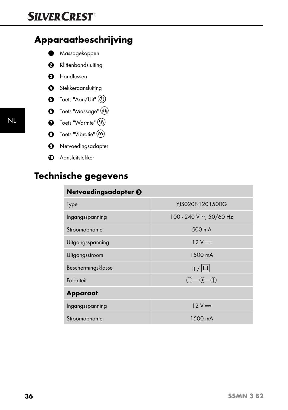 Apparaatbeschrijving, Technische gegevens | Silvercrest SSMN 3 B2 User Manual | Page 39 / 56