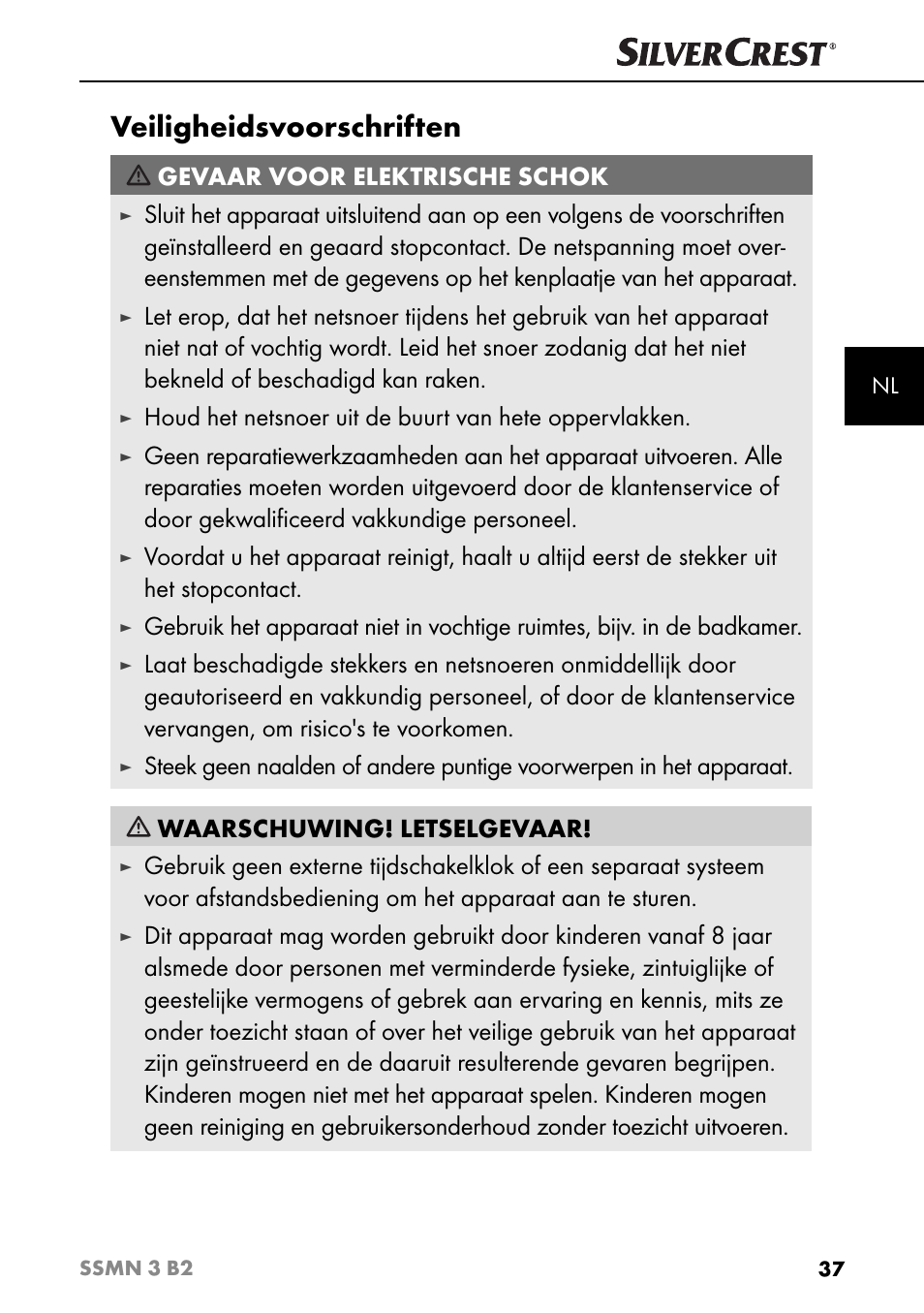 Veiligheidsvoorschriften, Gevaar voor elektrische schok | Silvercrest SSMN 3 B2 User Manual | Page 40 / 56