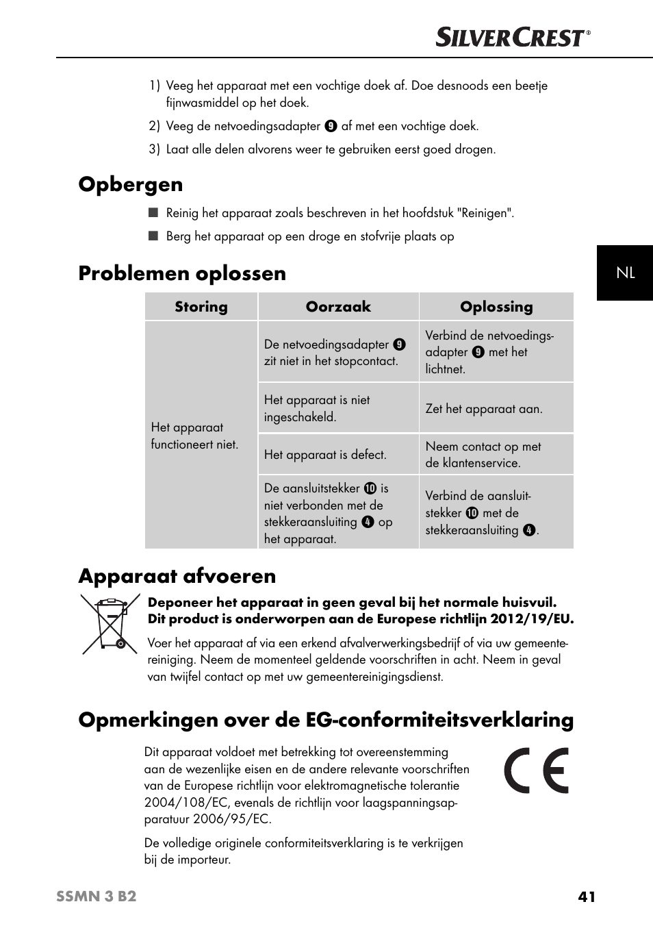 Opbergen, Problemen oplossen, Apparaat afvoeren | Opmerkingen over de eg-conformiteitsverklaring | Silvercrest SSMN 3 B2 User Manual | Page 44 / 56
