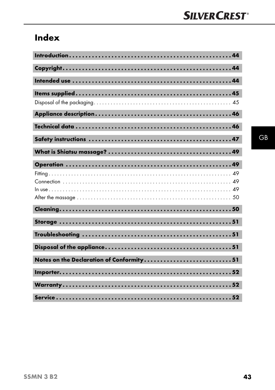 Index | Silvercrest SSMN 3 B2 User Manual | Page 46 / 56