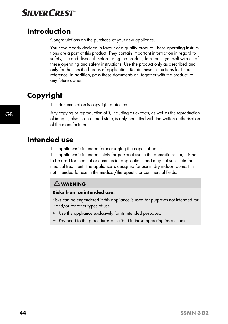 Introduction, Copyright, Intended use | Silvercrest SSMN 3 B2 User Manual | Page 47 / 56