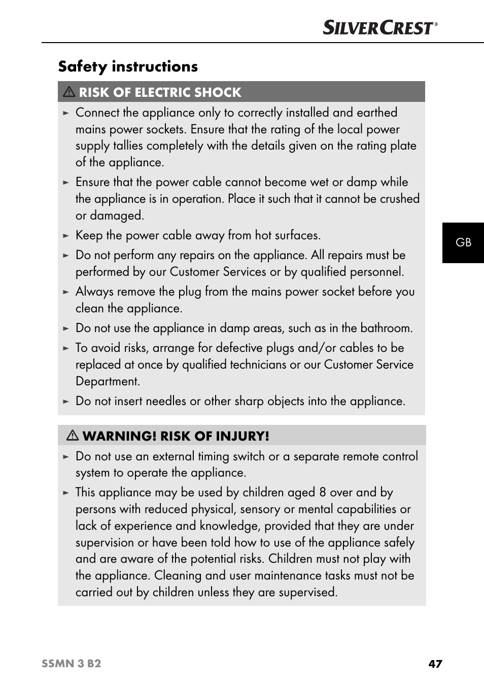 Safety instructions, Risk of electric shock, Keep the power cable away from hot surfaces | Silvercrest SSMN 3 B2 User Manual | Page 50 / 56