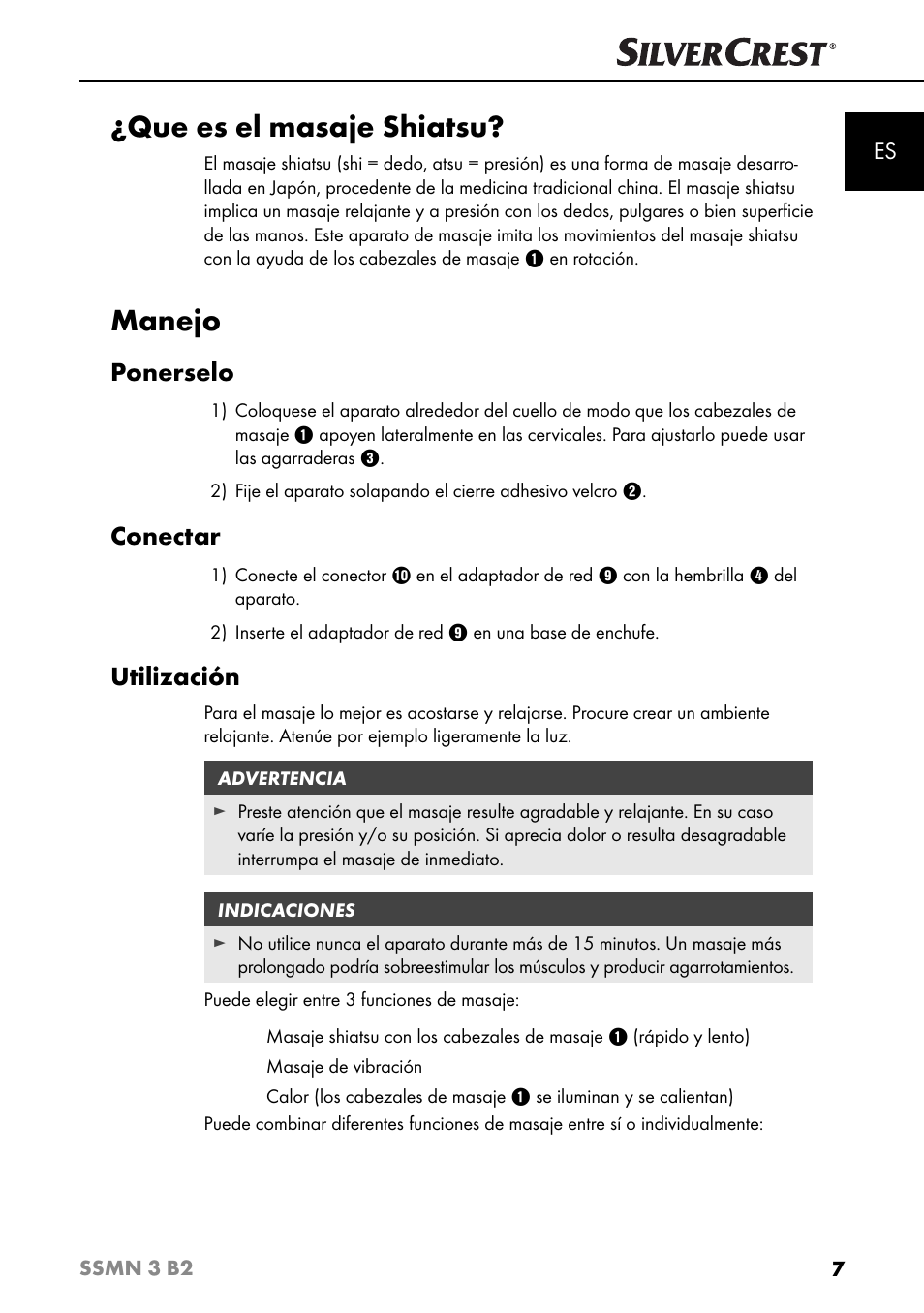Que es el masaje shiatsu, Manejo, Ponerselo | Conectar, Utilización | Silvercrest SSMN 3 B2 User Manual | Page 10 / 45
