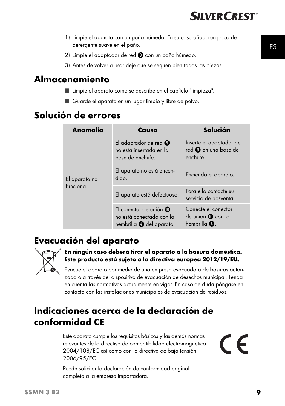 Almacenamiento, Solución de errores, Evacuación del aparato | Silvercrest SSMN 3 B2 User Manual | Page 12 / 45