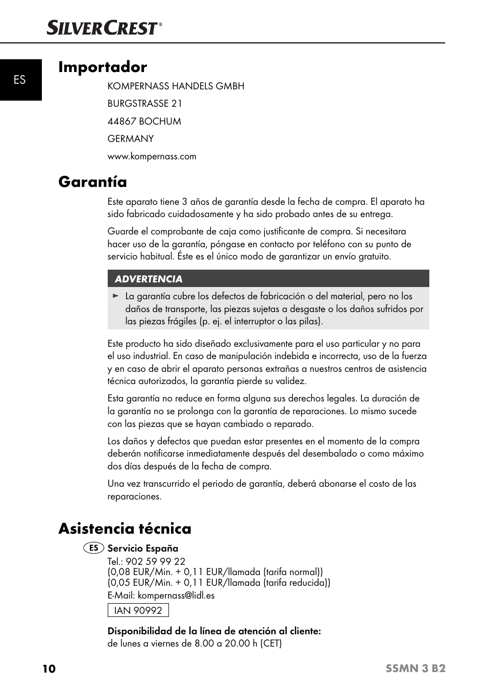 Importador, Garantía, Asistencia técnica | Silvercrest SSMN 3 B2 User Manual | Page 13 / 45